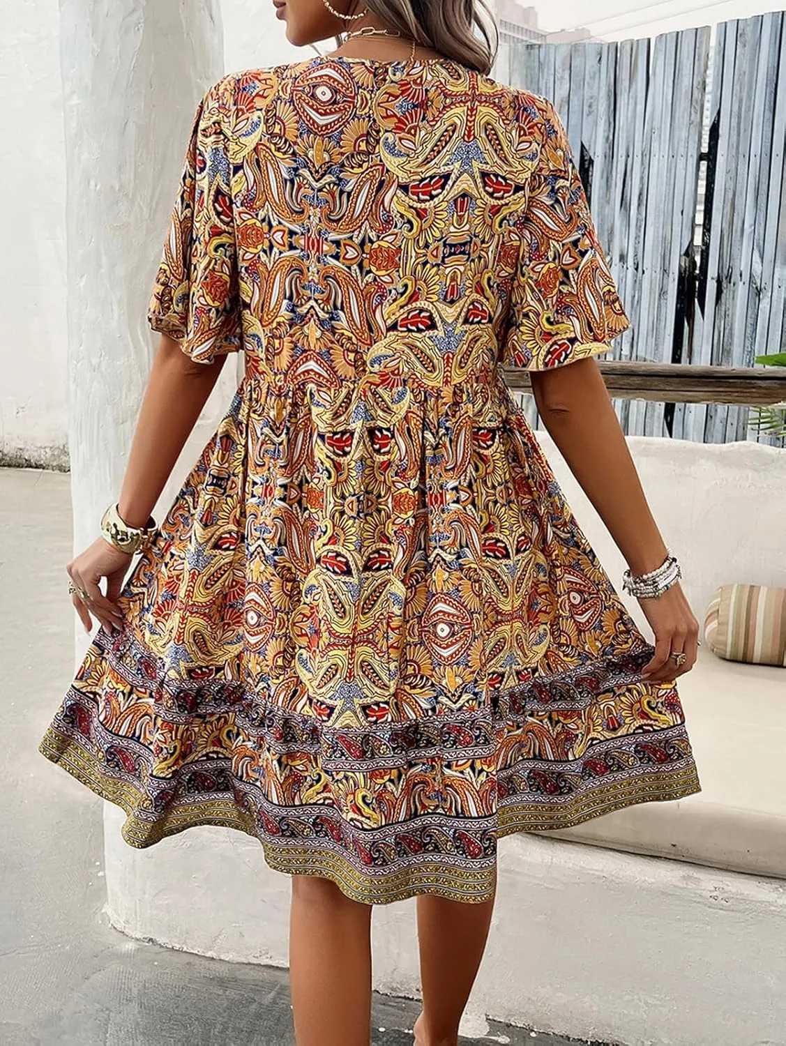 Women's Dress Casual Boho Deep V Neck Short Sleeve Ruffle Floral Printed Summer Beach Loose Flowy Mini Sundresses