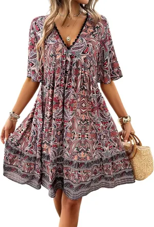 Women's Dress Casual Boho Deep V Neck Short Sleeve Ruffle Floral Printed Summer Beach Loose Flowy Mini Sundresses