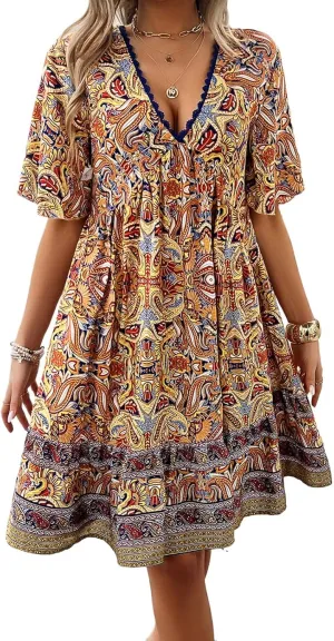 Women's Dress Casual Boho Deep V Neck Short Sleeve Ruffle Floral Printed Summer Beach Loose Flowy Mini Sundresses