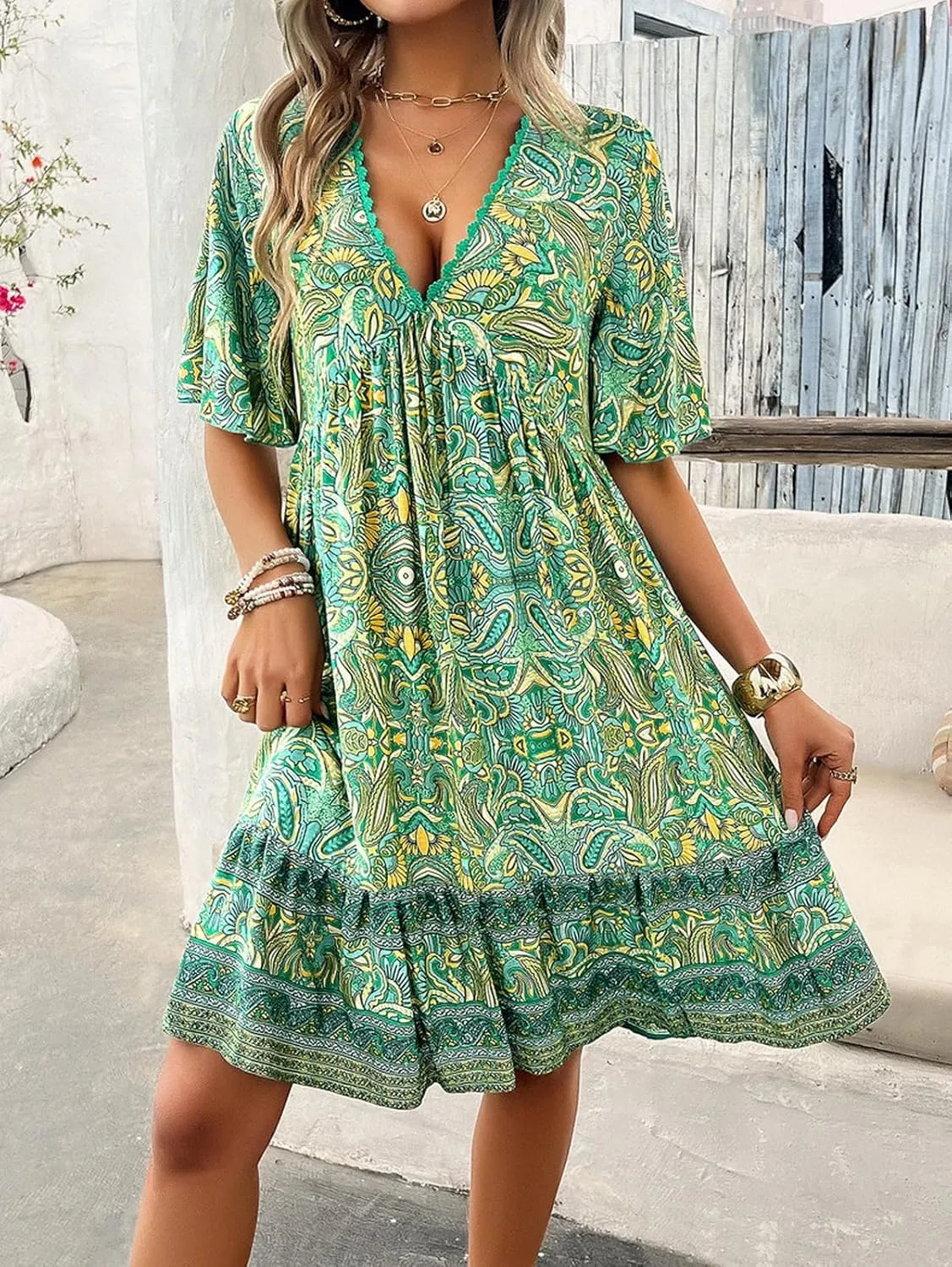 Women's Dress Casual Boho Deep V Neck Short Sleeve Ruffle Floral Printed Summer Beach Loose Flowy Mini Sundresses