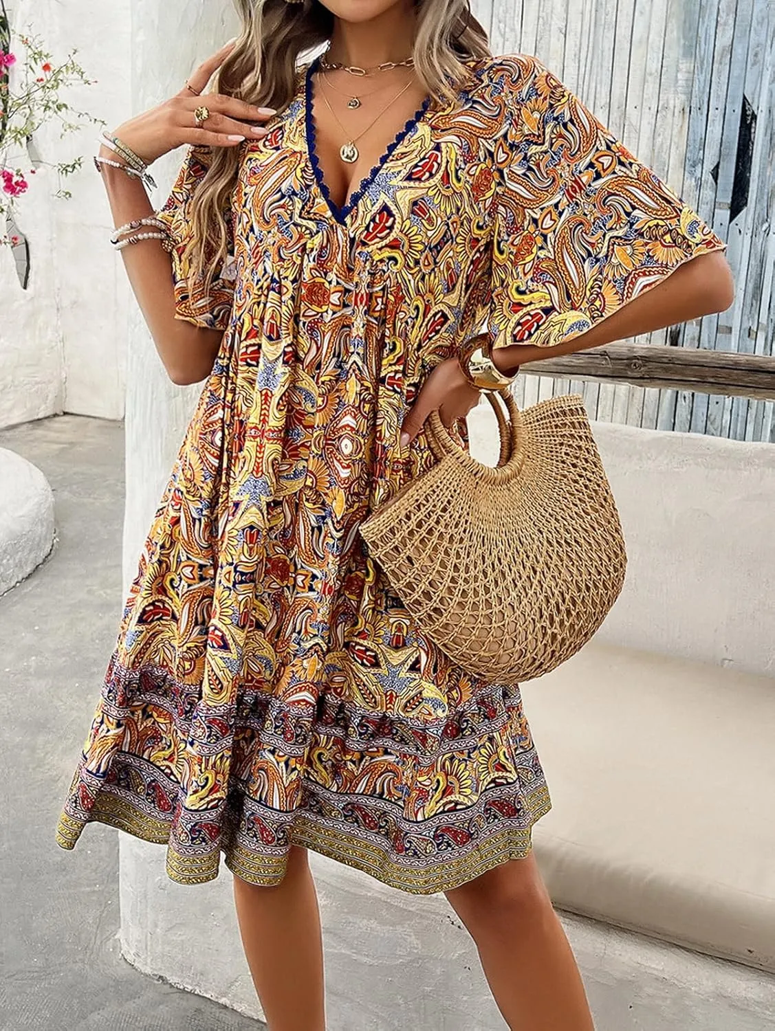 Women's Dress Casual Boho Deep V Neck Short Sleeve Ruffle Floral Printed Summer Beach Loose Flowy Mini Sundresses