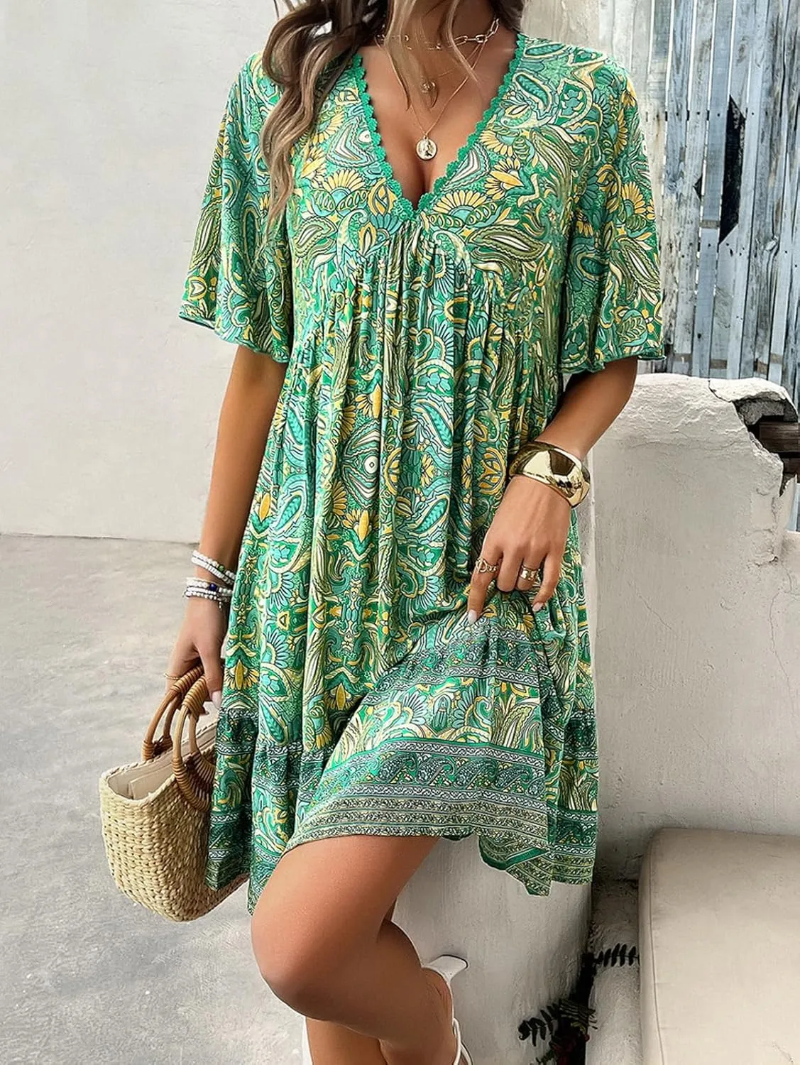 Women's Dress Casual Boho Deep V Neck Short Sleeve Ruffle Floral Printed Summer Beach Loose Flowy Mini Sundresses