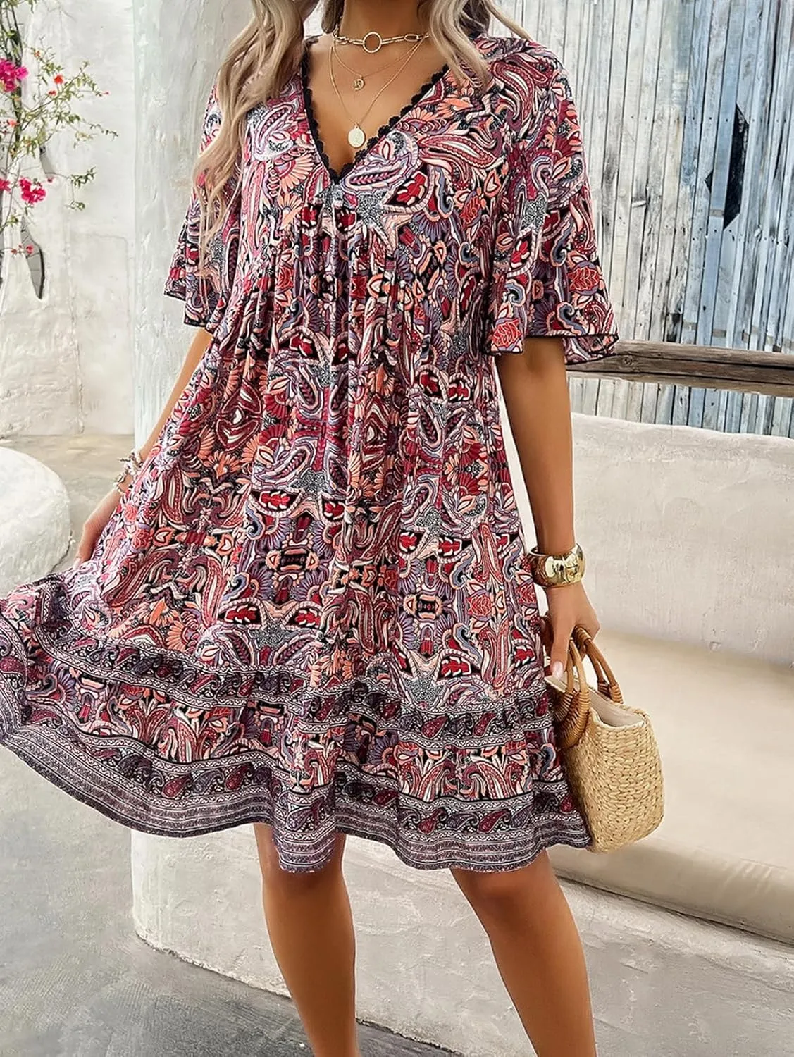 Women's Dress Casual Boho Deep V Neck Short Sleeve Ruffle Floral Printed Summer Beach Loose Flowy Mini Sundresses