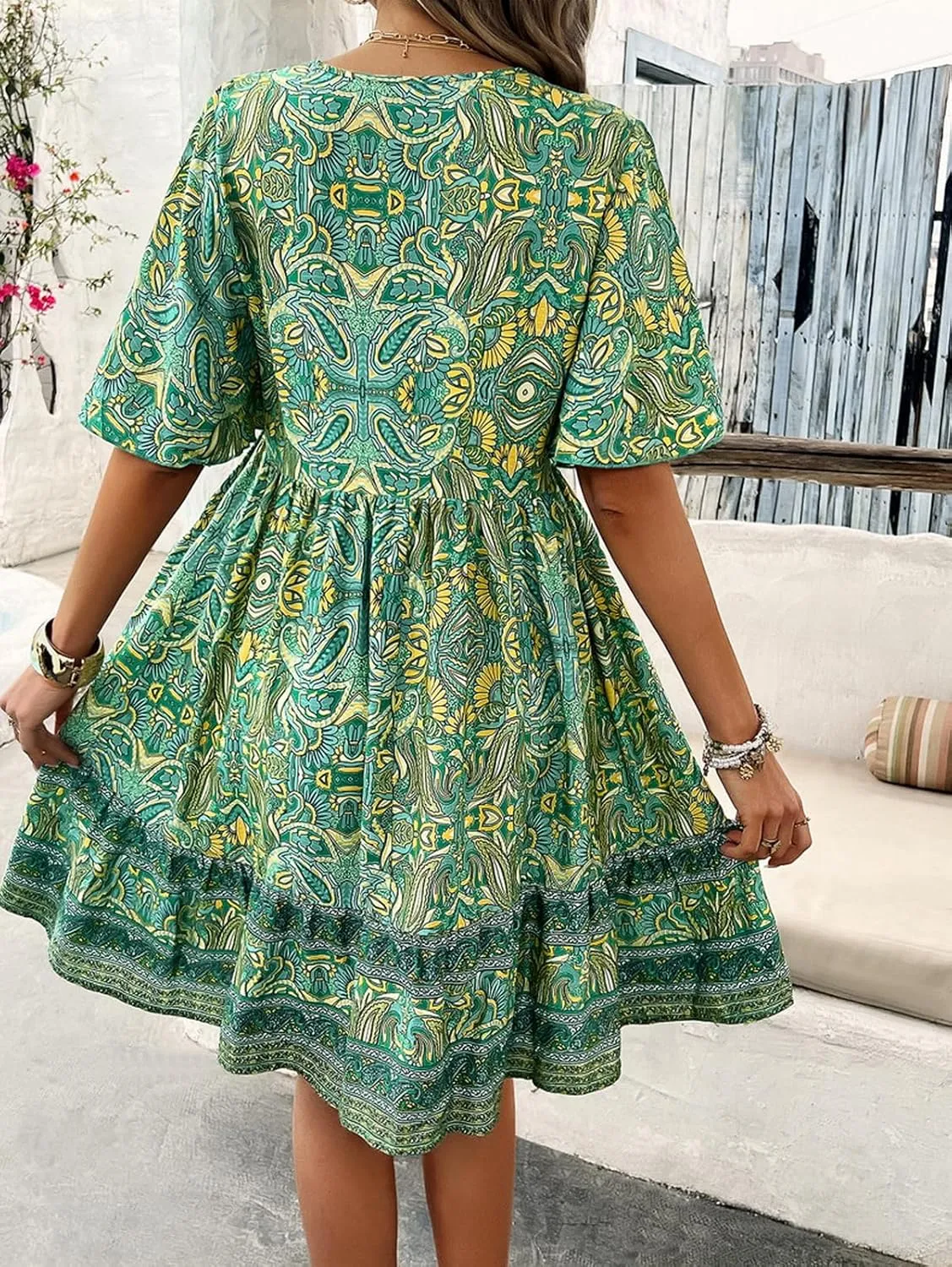 Women's Dress Casual Boho Deep V Neck Short Sleeve Ruffle Floral Printed Summer Beach Loose Flowy Mini Sundresses