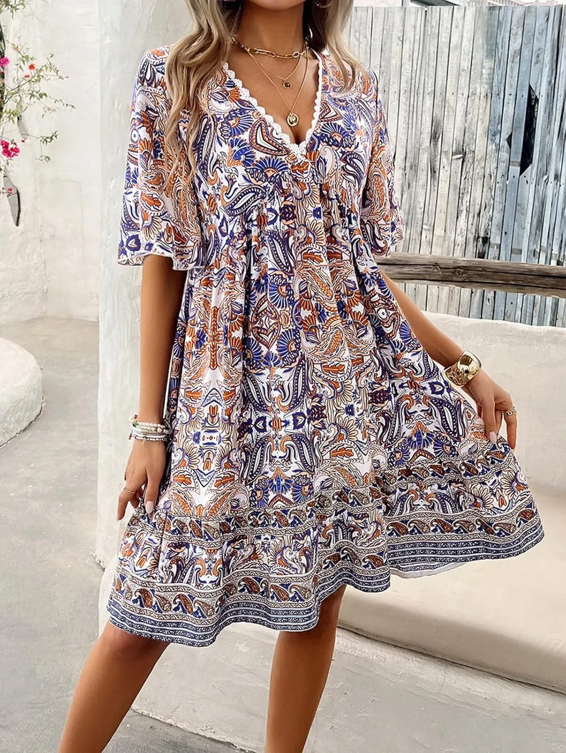 Women's Dress Casual Boho Deep V Neck Short Sleeve Ruffle Floral Printed Summer Beach Loose Flowy Mini Sundresses