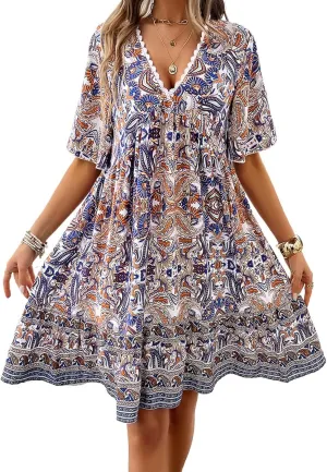 Women's Dress Casual Boho Deep V Neck Short Sleeve Ruffle Floral Printed Summer Beach Loose Flowy Mini Sundresses