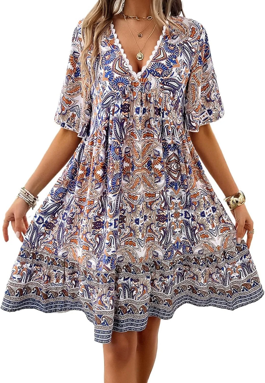 Women's Dress Casual Boho Deep V Neck Short Sleeve Ruffle Floral Printed Summer Beach Loose Flowy Mini Sundresses