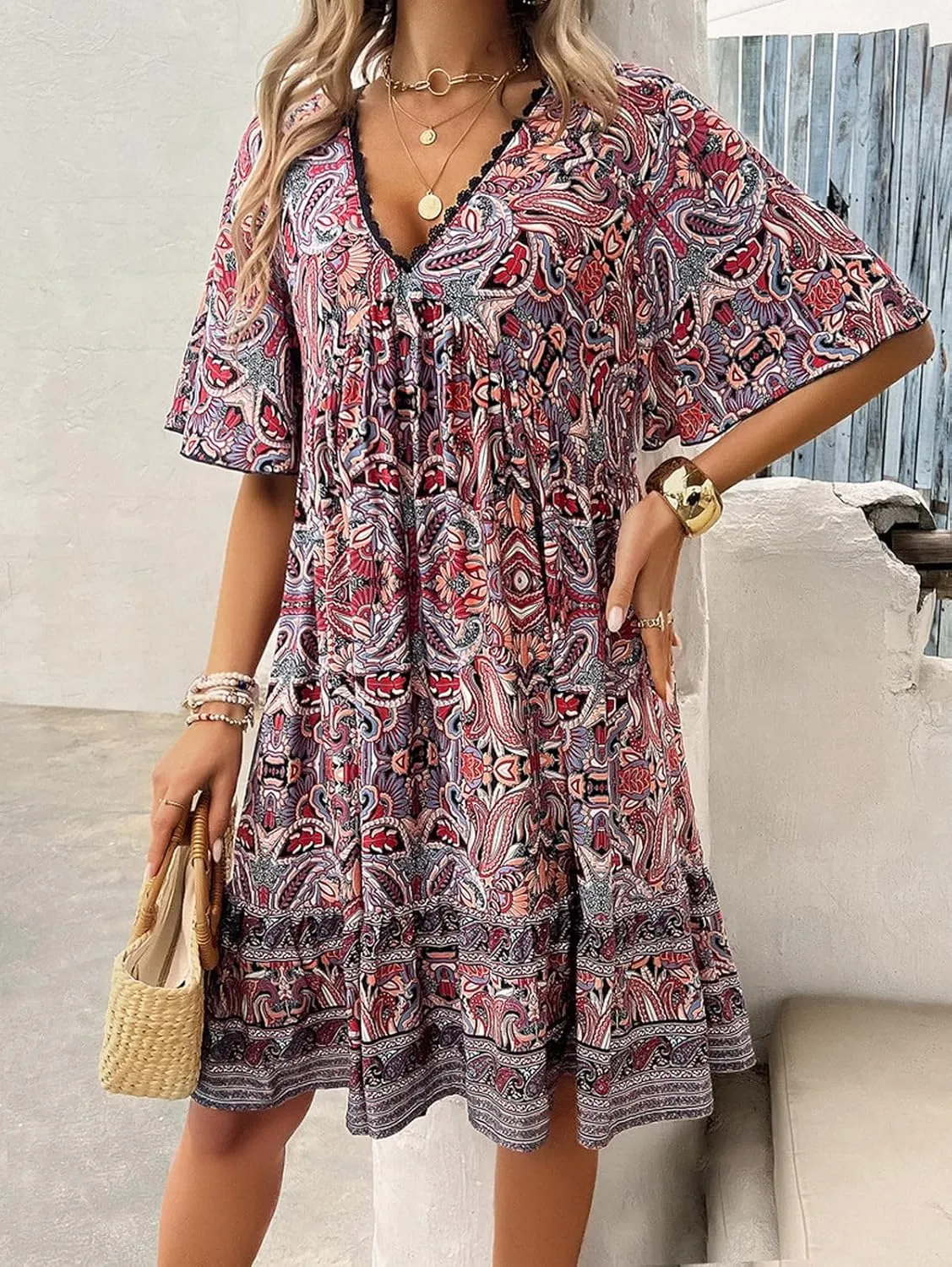 Women's Dress Casual Boho Deep V Neck Short Sleeve Ruffle Floral Printed Summer Beach Loose Flowy Mini Sundresses
