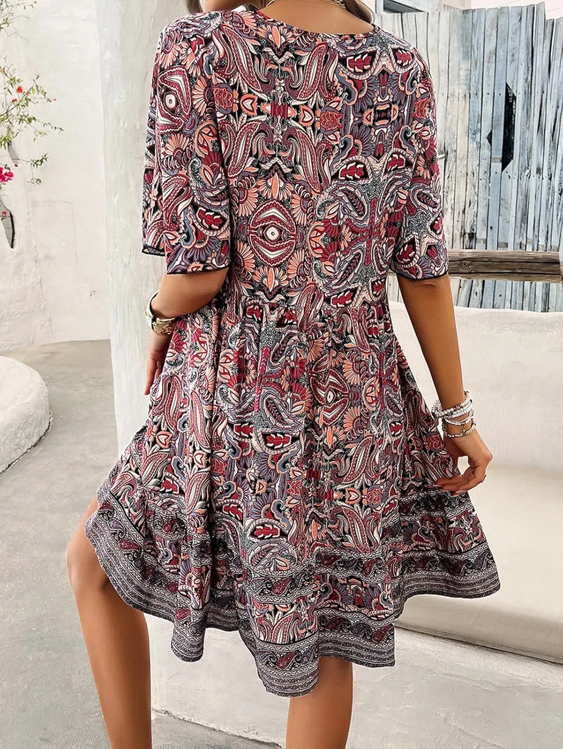 Women's Dress Casual Boho Deep V Neck Short Sleeve Ruffle Floral Printed Summer Beach Loose Flowy Mini Sundresses