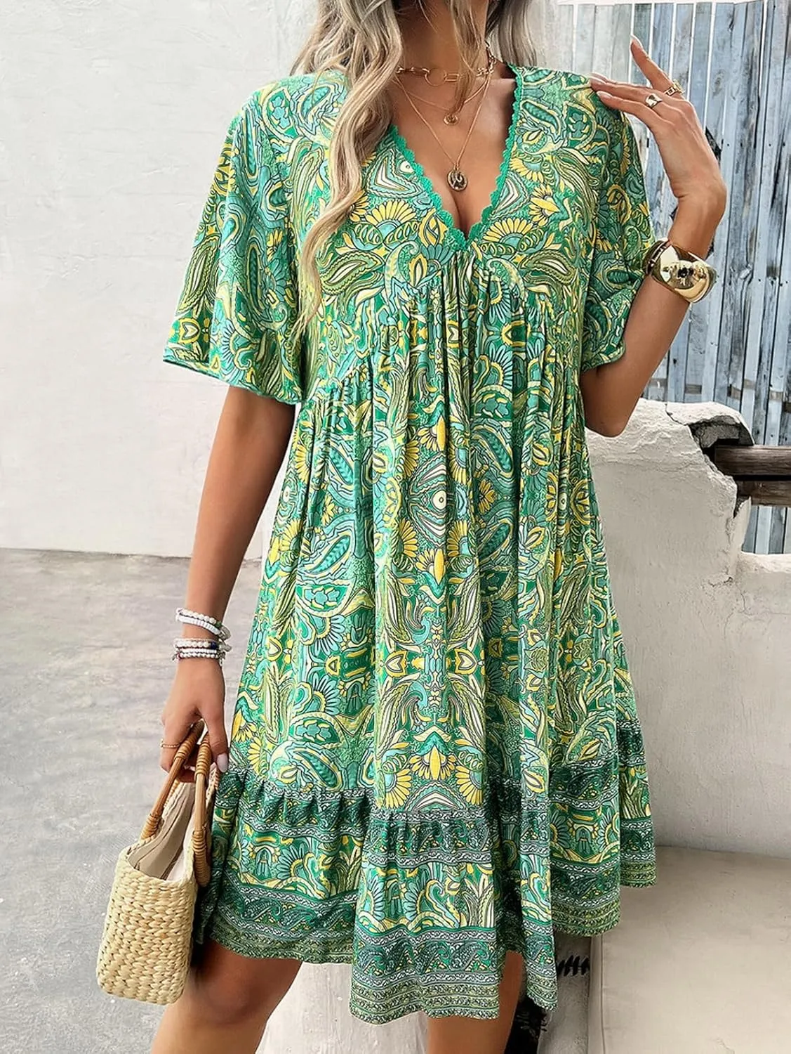 Women's Dress Casual Boho Deep V Neck Short Sleeve Ruffle Floral Printed Summer Beach Loose Flowy Mini Sundresses