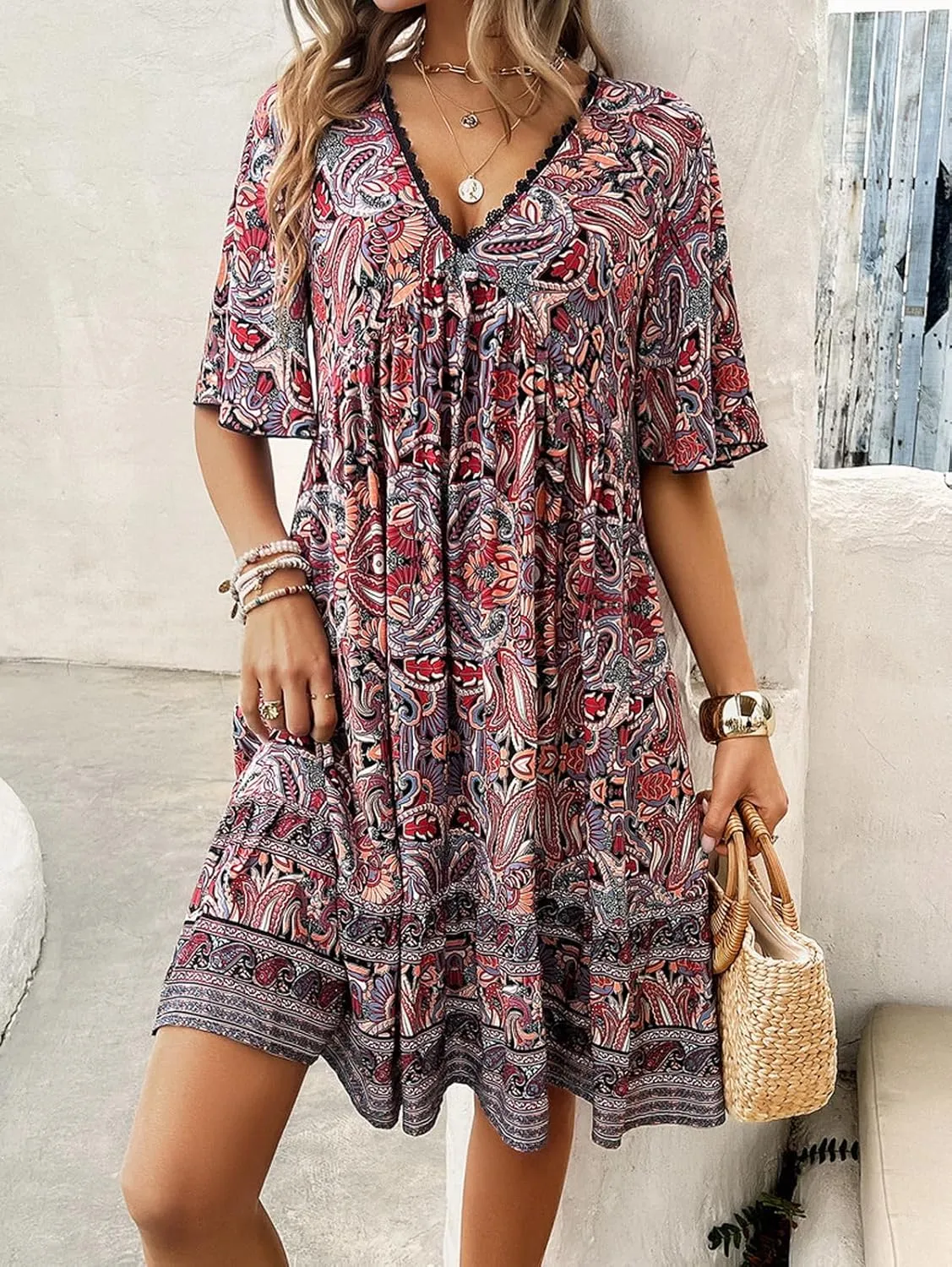 Women's Dress Casual Boho Deep V Neck Short Sleeve Ruffle Floral Printed Summer Beach Loose Flowy Mini Sundresses