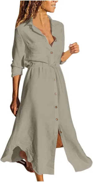 Womens Dress Summer Casual Short Sleeve Button Down Shirt Dresses Beach Cover Up Sundress with Pockets