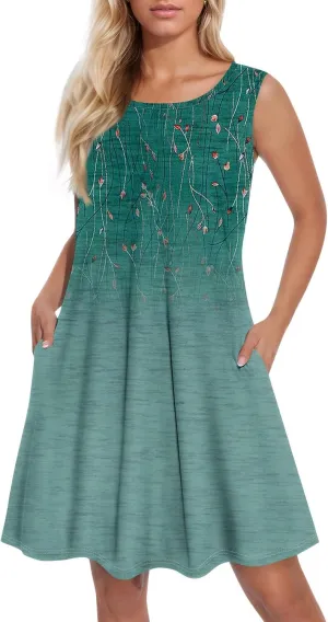Womens Dresses Spring Tank Sundresses Cover Up Sleeveless Patterned Short Dresses Beach Summer Flowy Dress with Pocket