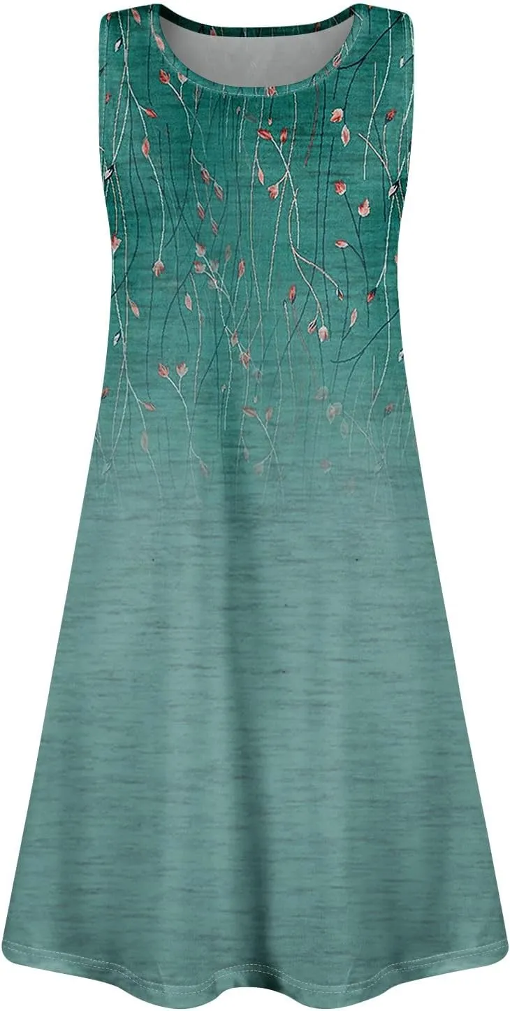 Womens Dresses Spring Tank Sundresses Cover Up Sleeveless Patterned Short Dresses Beach Summer Flowy Dress with Pocket