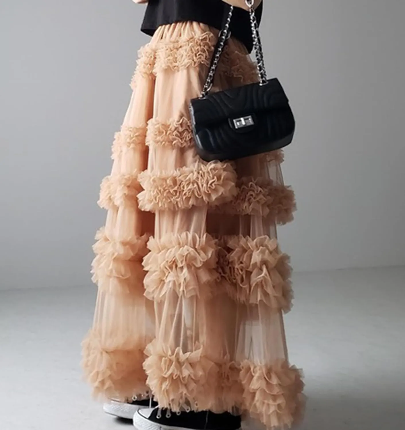 Women's Fairy Layered Tulle Midi Skirt Sweet Elastic High Waist A-Line Ruffle Tiered Mesh Puffy Long Maxi Skirt