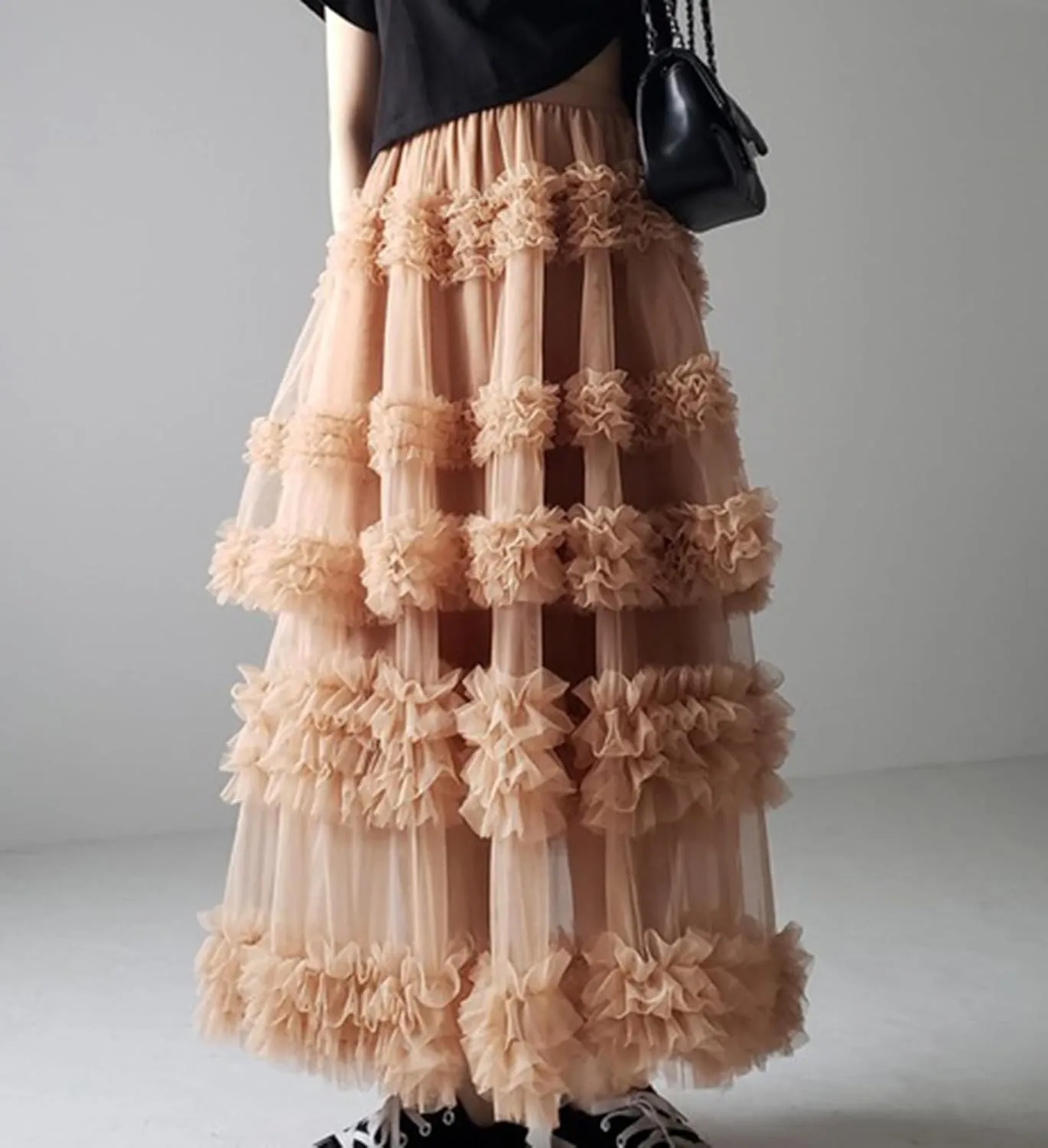 Women's Fairy Layered Tulle Midi Skirt Sweet Elastic High Waist A-Line Ruffle Tiered Mesh Puffy Long Maxi Skirt