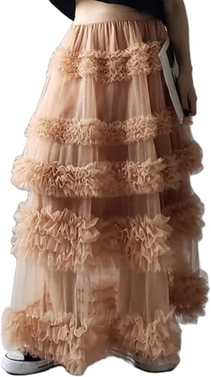 Women's Fairy Layered Tulle Midi Skirt Sweet Elastic High Waist A-Line Ruffle Tiered Mesh Puffy Long Maxi Skirt