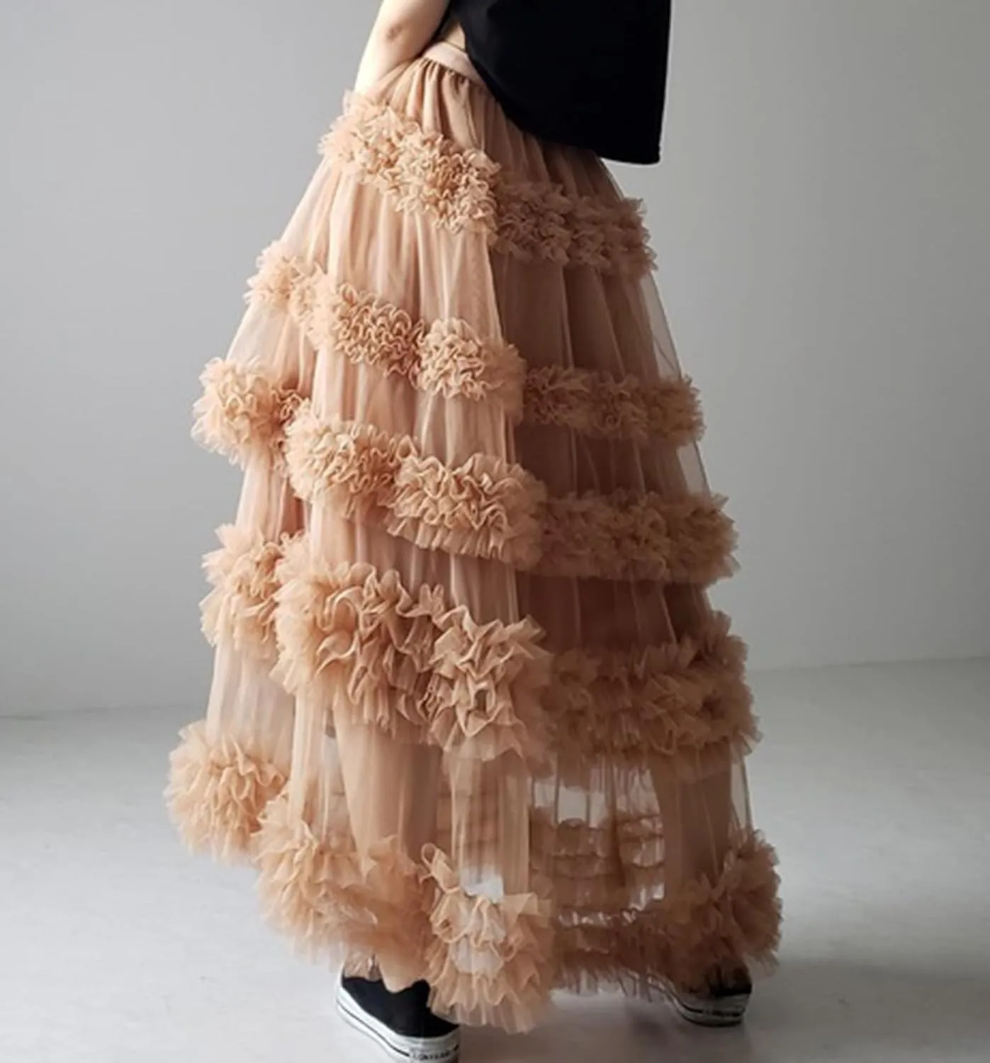 Women's Fairy Layered Tulle Midi Skirt Sweet Elastic High Waist A-Line Ruffle Tiered Mesh Puffy Long Maxi Skirt