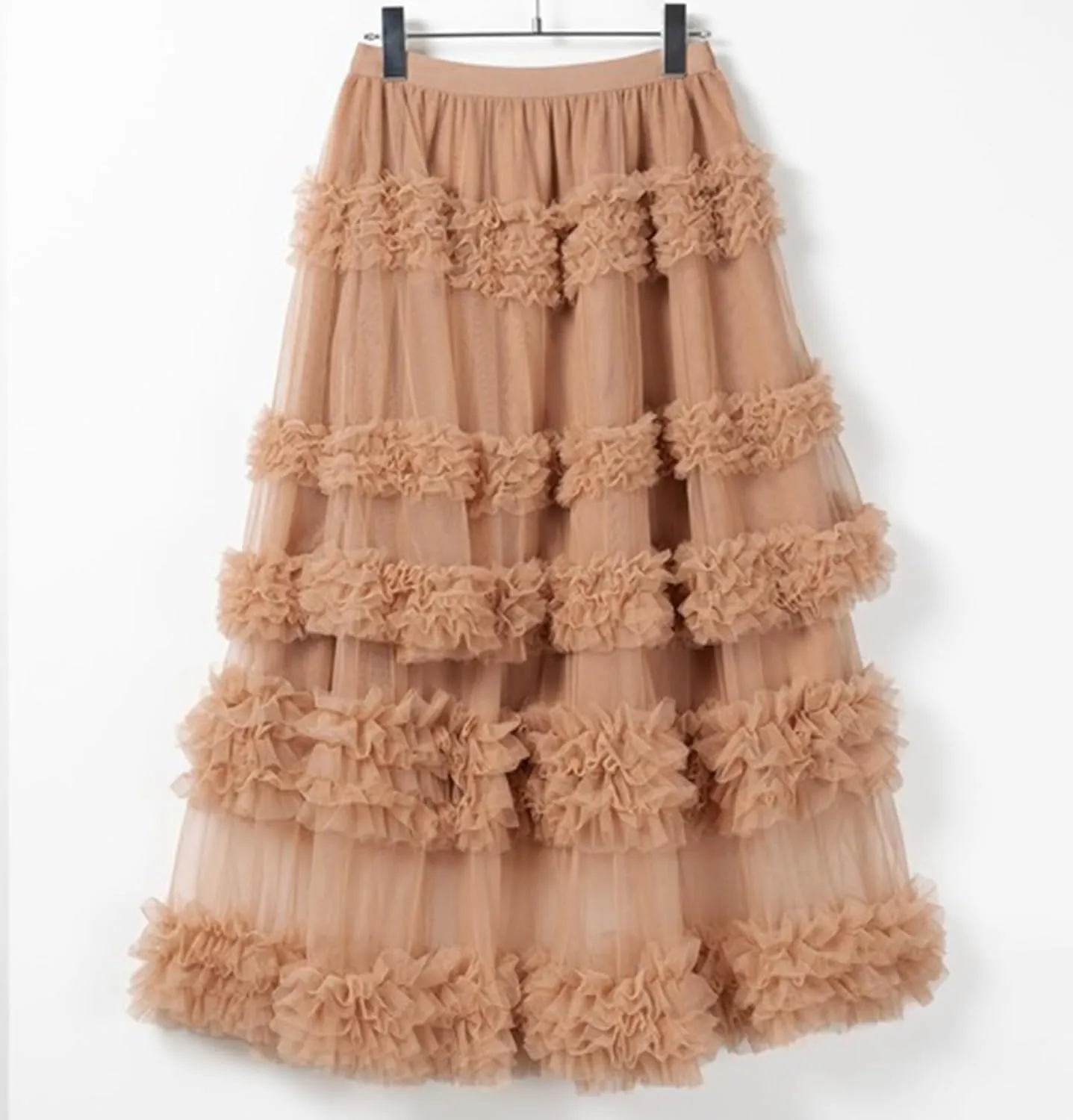 Women's Fairy Layered Tulle Midi Skirt Sweet Elastic High Waist A-Line Ruffle Tiered Mesh Puffy Long Maxi Skirt