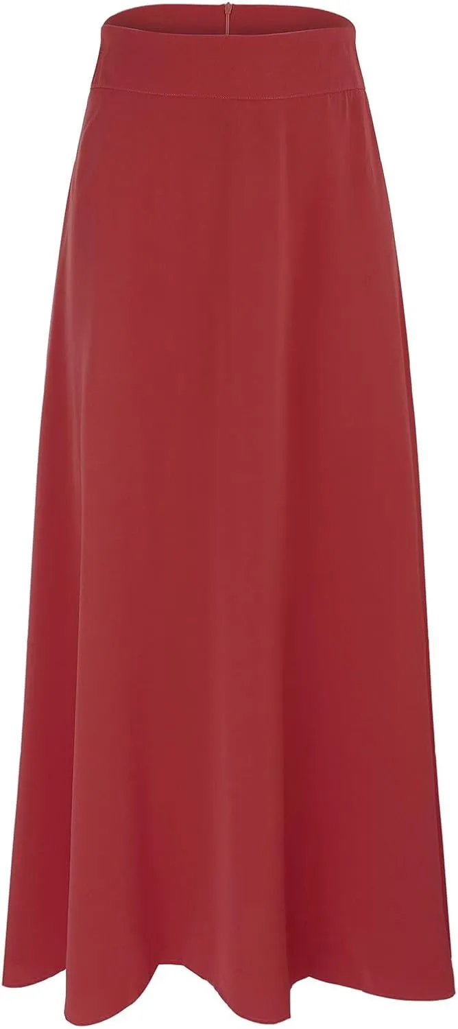 Womens High Elastic Waist Pleated Party Skirt Midi Swing A-line Skirt Dressy Plain Solid Color Elegant Long Skirts