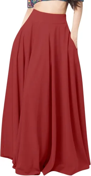 Womens High Elastic Waist Pleated Party Skirt Midi Swing A-line Skirt Dressy Plain Solid Color Elegant Long Skirts