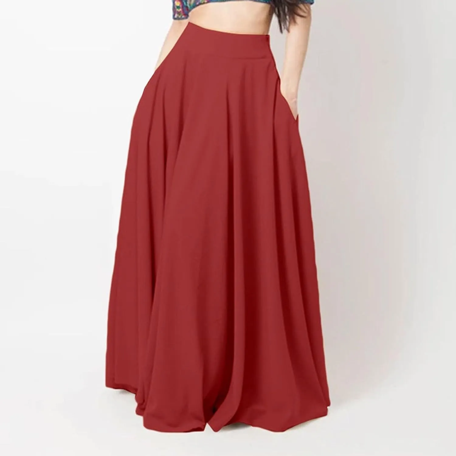 Womens High Elastic Waist Pleated Party Skirt Midi Swing A-line Skirt Dressy Plain Solid Color Elegant Long Skirts