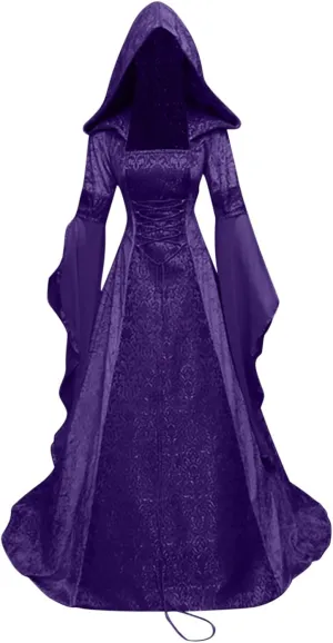 Women's Medieval Hooded Fancy Dress Renaissance Costumes Corset Vintage Witch Plus Size Flare Sleeve Over Dress