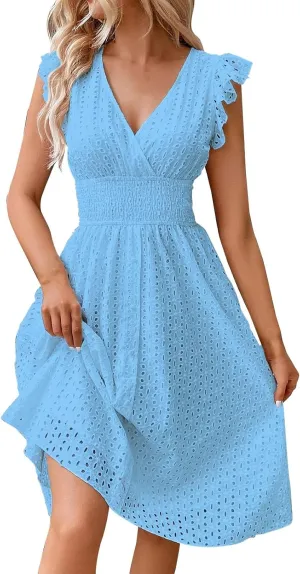 Women's Midi Lace Jacquard Cutout Slimming Sexy V Neck Plus Size Dresses Sheer Sundress