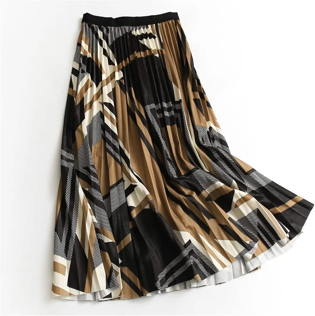 Women's Midi Pleated Skirt Geometric Print High Waist A-Line Mid-Calf Casual Skirts