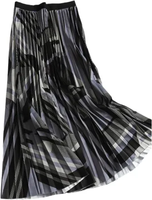 Women's Midi Pleated Skirt Geometric Print High Waist A-Line Mid-Calf Casual Skirts