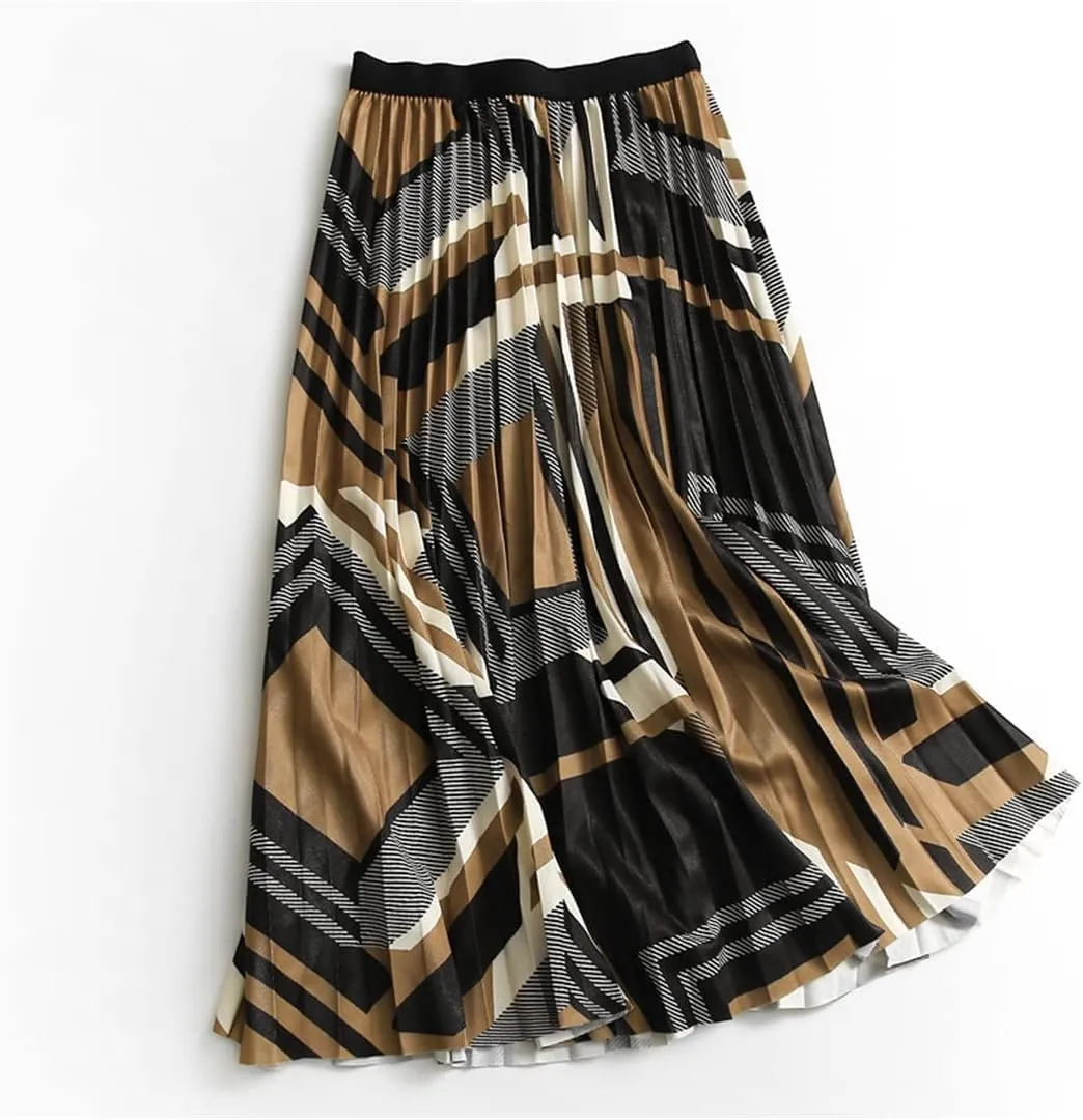 Women's Midi Pleated Skirt Geometric Print High Waist A-Line Mid-Calf Casual Skirts