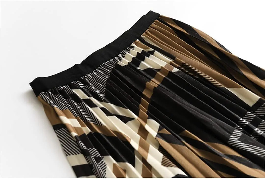 Women's Midi Pleated Skirt Geometric Print High Waist A-Line Mid-Calf Casual Skirts