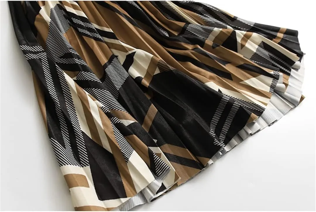 Women's Midi Pleated Skirt Geometric Print High Waist A-Line Mid-Calf Casual Skirts