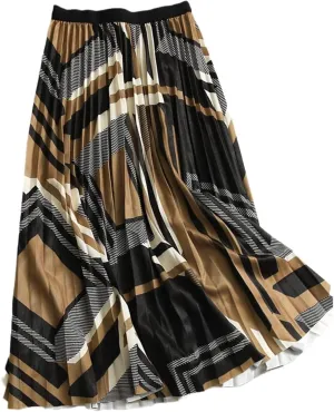 Women's Midi Pleated Skirt Geometric Print High Waist A-Line Mid-Calf Casual Skirts