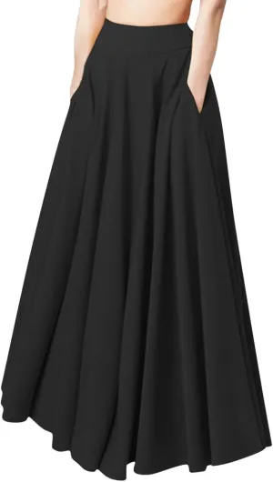 Womens Pleated Midi Skirt,High Waist Swing Boho Casual Pleated Skirt Holiday Beach Elastic A-line Long Skirts