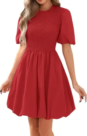 Womens Puff Sleeve Smocked Mini Dress 2025 Summer Crewneck Boho Flare Flowy A Line Ruffle Hem Dresses