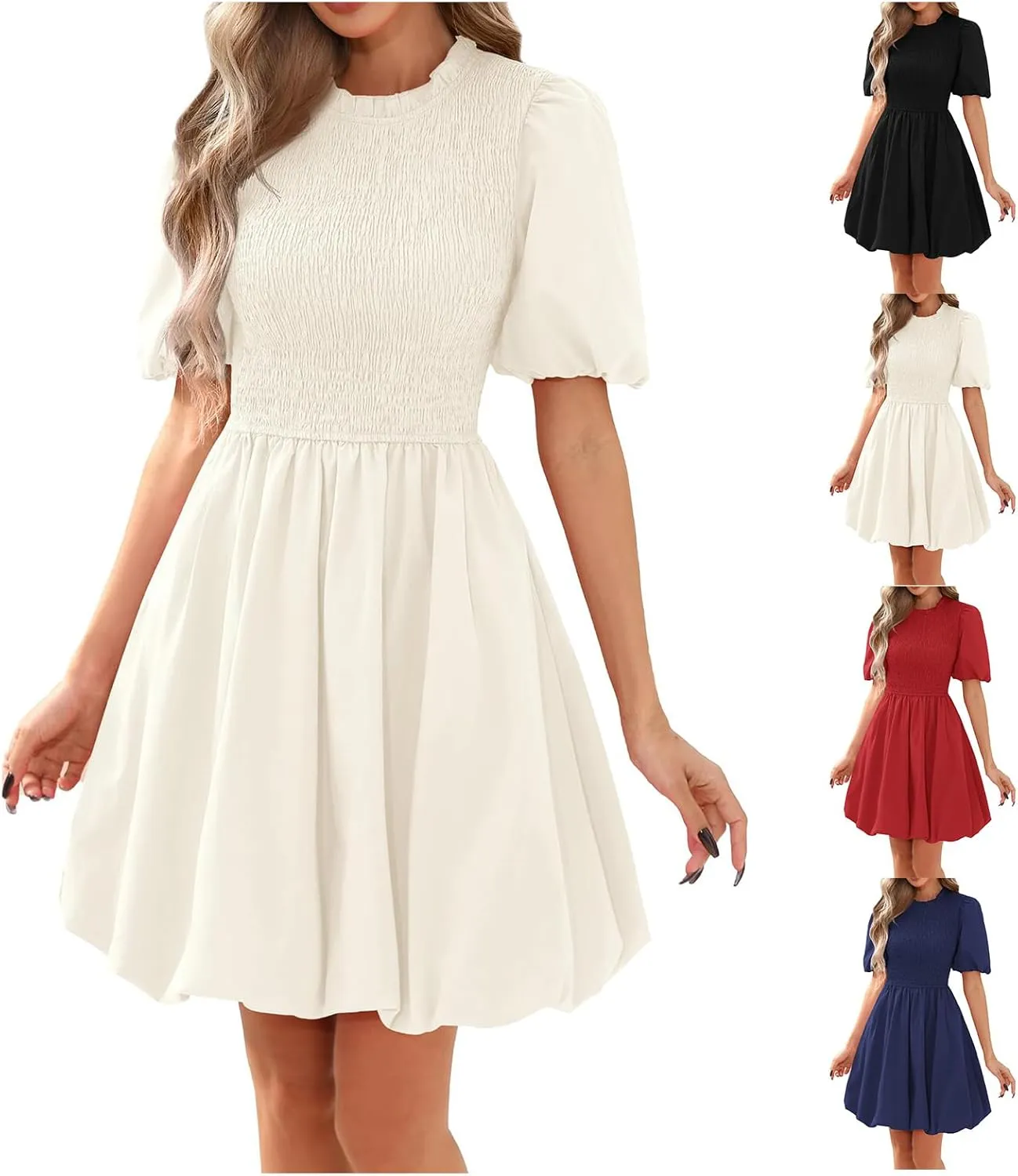 Womens Puff Sleeve Smocked Mini Dress 2025 Summer Crewneck Boho Flare Flowy A Line Ruffle Hem Dresses