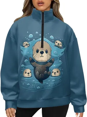 Womens Quarter Zip Sweatshirt for Women Loose Fit Hoodie S-3XL