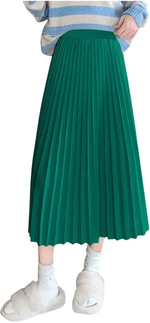 Womens Solid Color Swing Flowy Skirt High Waist Midi Long Shirring Pleated Skirts High Waisted A Line Elegant Skirts