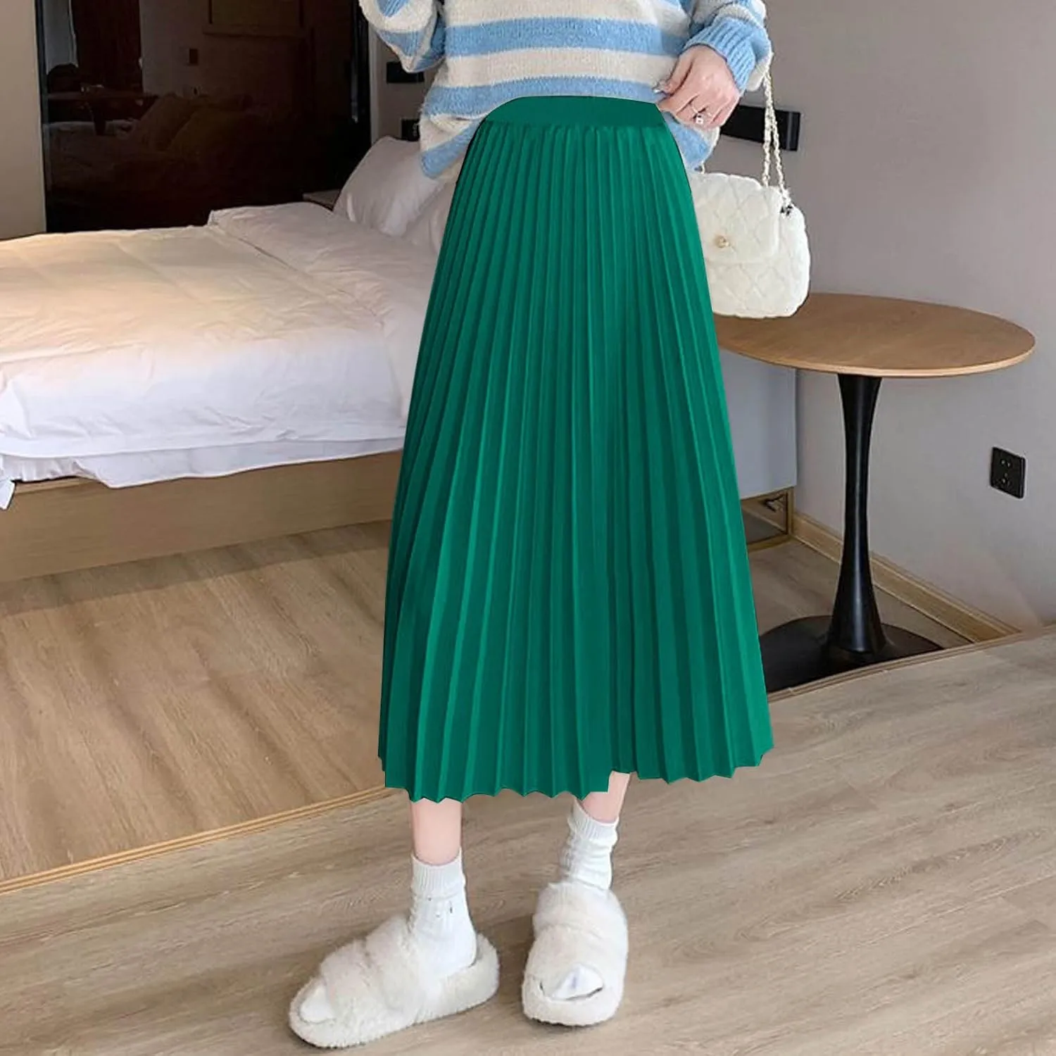 Womens Solid Color Swing Flowy Skirt High Waist Midi Long Shirring Pleated Skirts High Waisted A Line Elegant Skirts