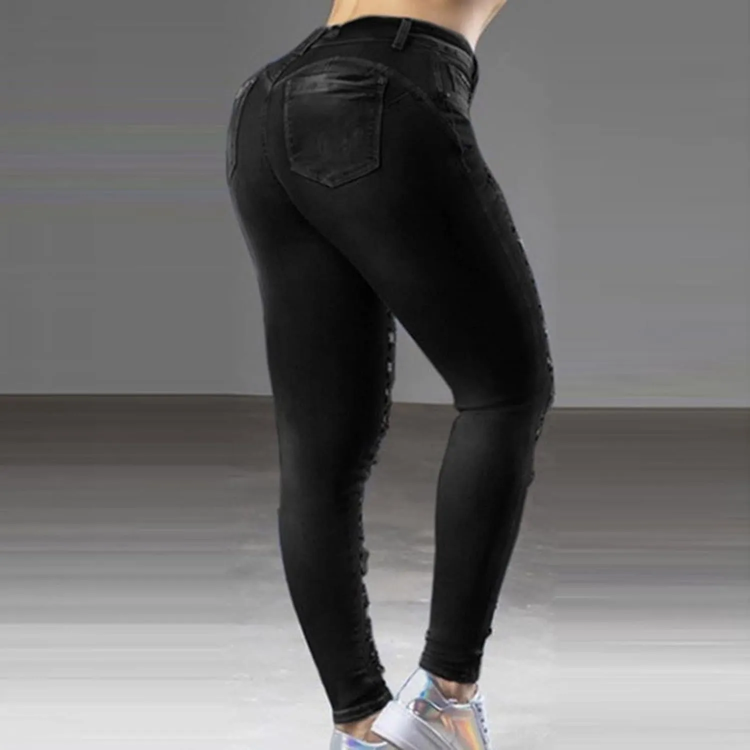 Women's Stretch Denim Pants Plus Size Slim Destroyed Trousers Casual High Waist Skinny Ripped Jeans