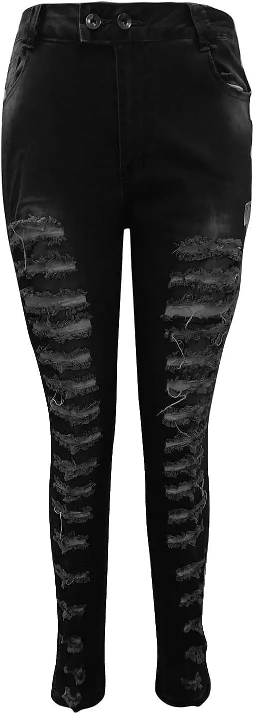 Women's Stretch Denim Pants Plus Size Slim Destroyed Trousers Casual High Waist Skinny Ripped Jeans