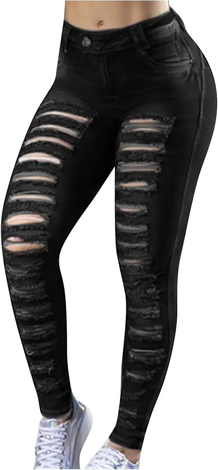 Women's Stretch Denim Pants Plus Size Slim Destroyed Trousers Casual High Waist Skinny Ripped Jeans