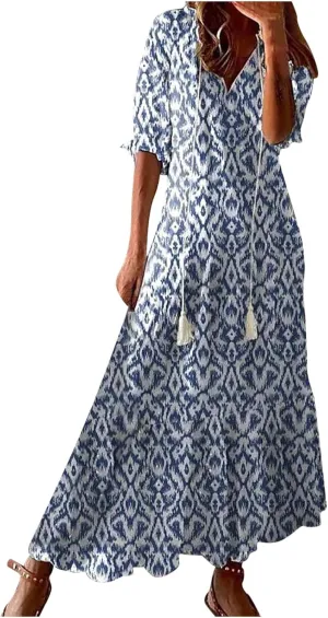 Womens Summer Casual Dressy V Neck 3/4 Sleeve Beach Boho Sundress with Pocket Plus Size Flowy Midi Beach Dress