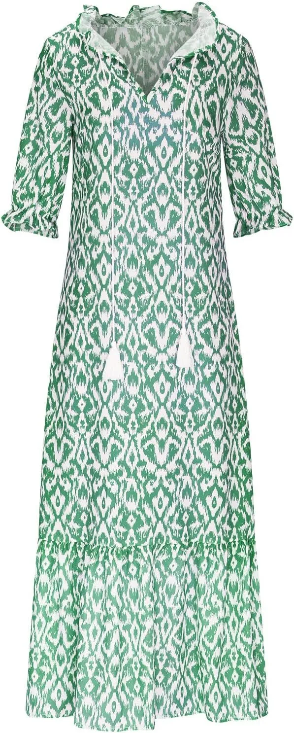 Womens Summer Casual Dressy V Neck 3/4 Sleeve Beach Boho Sundress with Pocket Plus Size Flowy Midi Beach Dress