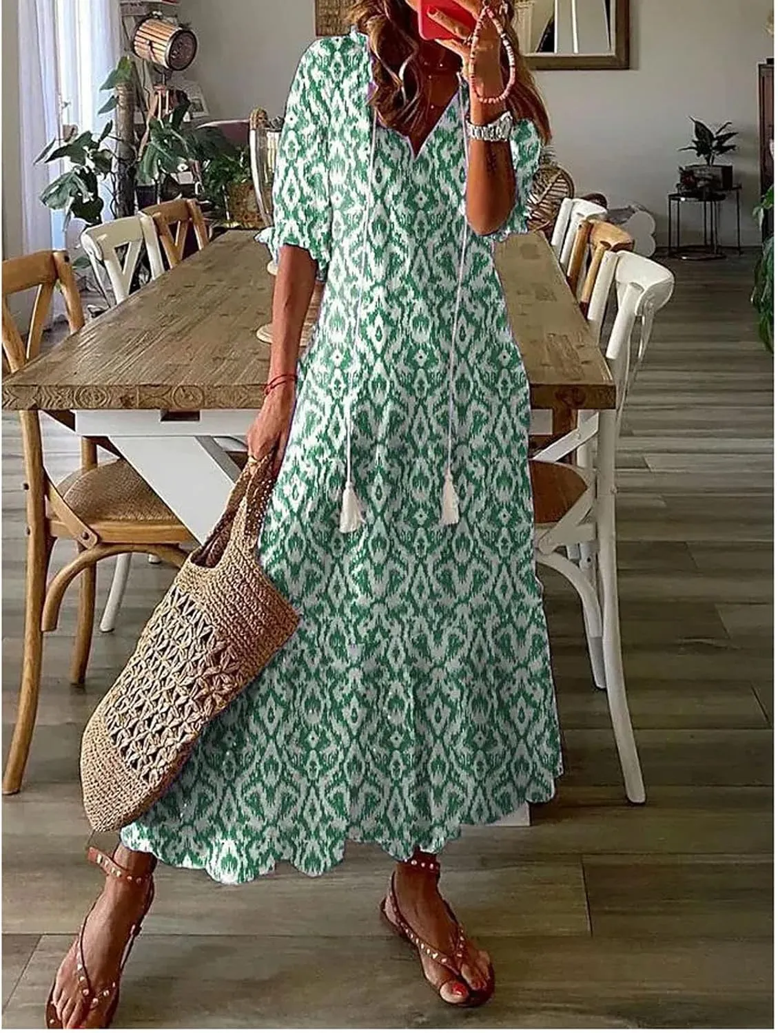 Womens Summer Casual Dressy V Neck 3/4 Sleeve Beach Boho Sundress with Pocket Plus Size Flowy Midi Beach Dress