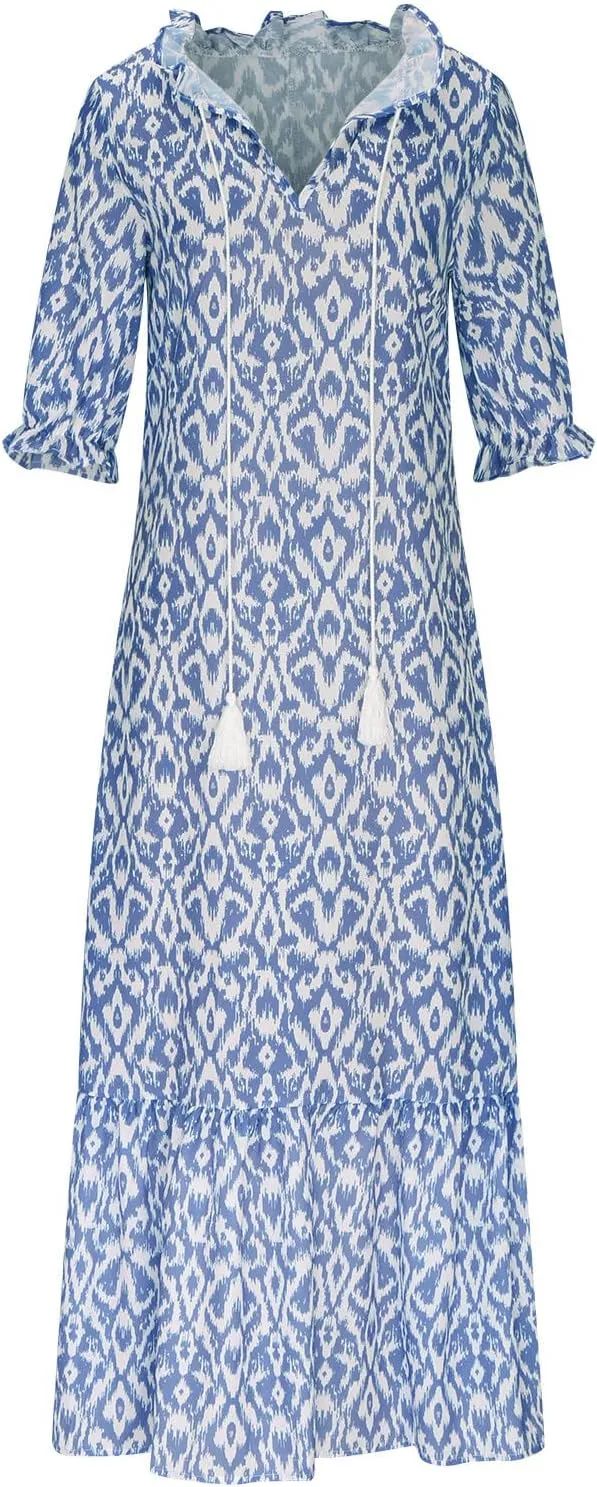 Womens Summer Casual Dressy V Neck 3/4 Sleeve Beach Boho Sundress with Pocket Plus Size Flowy Midi Beach Dress