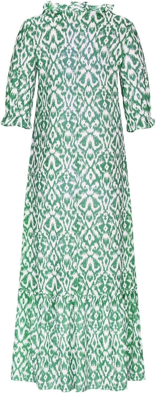 Womens Summer Casual Dressy V Neck 3/4 Sleeve Beach Boho Sundress with Pocket Plus Size Flowy Midi Beach Dress