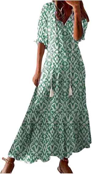Womens Summer Casual Dressy V Neck 3/4 Sleeve Beach Boho Sundress with Pocket Plus Size Flowy Midi Beach Dress