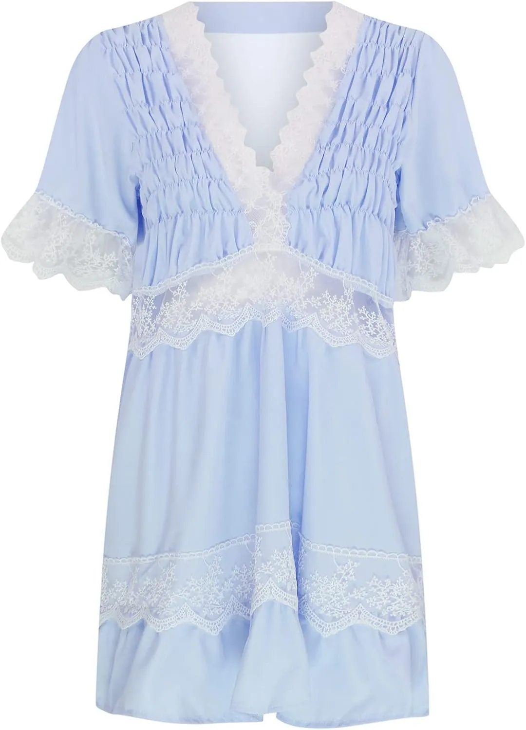 Women's Summer Crochet Lace V Neck A Line Mini Dress Casual Ruffle Sleeve Short Swing Sundress Flowy Skater Dresses